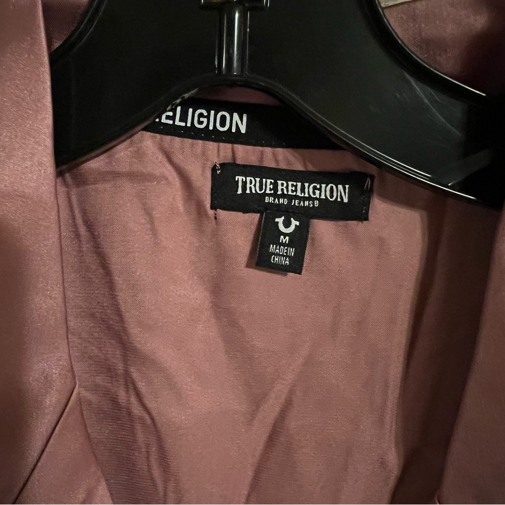 True Religion Pink Stretch Satin Boxer Pajamas with Notch Collar Button down Top - Picture 11 of 16